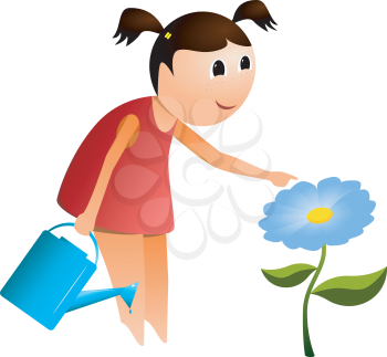 Royalty Free Clipart Image of a Young Girl With a Watering Can Touching a Blue Flower