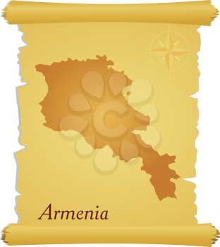 Royalty Free Clipart Image of a Parchment With a Silhouette of Armenia