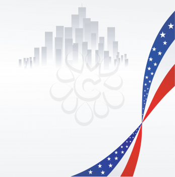 Vector illustration of an American flag and the city