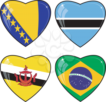 Set of vector images of hearts with the flags of Bosnia and Herzegovina, Bahrain, Brazil, Botswana