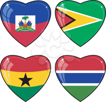 Set of vector images of hearts with the flags of Guyana, Haiti, Gambia, Ghana