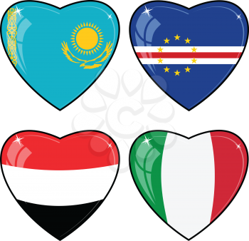 Set of vector images of hearts with the flags 
of Italy, Yemen, Cape Verde, Kazakhstan