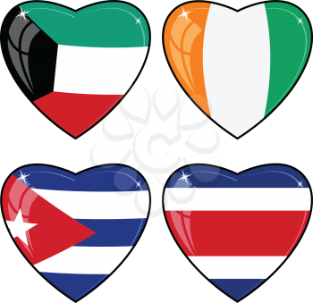 Set of vector images of hearts with the flags of Costa Rica, Cote d Ivoire, Cuba, Kuwait 