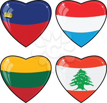 Set of vector images of hearts with the flags of  Lebanon, Luxembourg, Lithuania, Liechtenstein