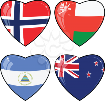 Set of vector images of hearts with the flags of Norway, United Arab Emirates, Nicaragua, New Zealand