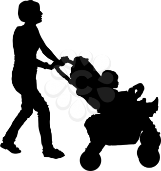 Silhouette of a mother with a stroller and a baby