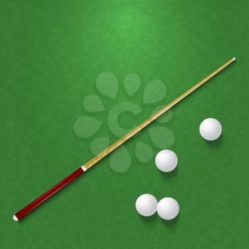 Royalty Free Clipart Image of a Pool Cue and White Balls on Green Felt