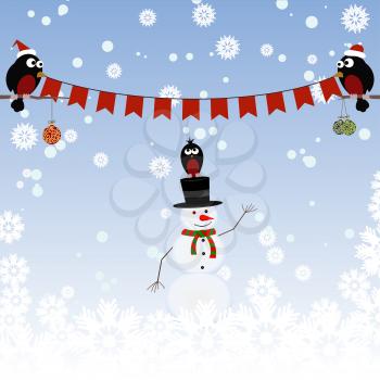 Greeting card with a snowman and bullfinches