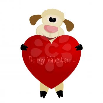 Cute lamb with a heart on a white background - greeting card with Valentine's Day