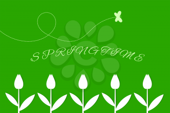 Green summer background with tulips and butterfly