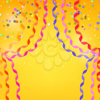 Confetti and streamers on bright yellow festive background. Vector illustration.