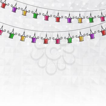 Garland of colored paper lanterns winter abstract background with the effect of crumpled paper, and snowflakes. Vector illustration. 