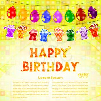 Birthday greeting with a garland of balloons and gifts on a yellow abstract mosaic background. Vector illustration.
