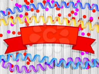 Set confetti, streamers, ribbon header on a wooden background. Vector illustration.