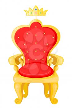 Bright red throne and the royal crown isolated on a white background. Vector illustration. 
