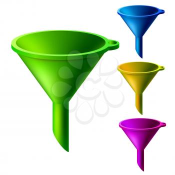 Set of multicolored bright funnels isolated on white background. Vector illustration.