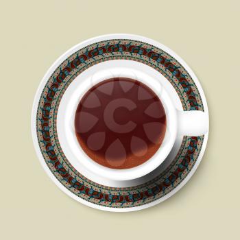 Cup of coffee and tribal texture on a saucer. Vector illustration