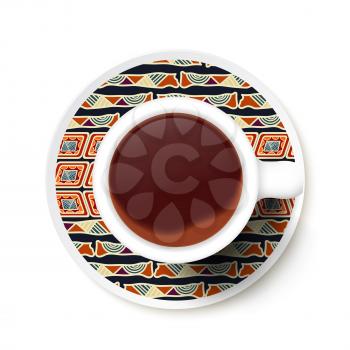 Cup of coffee and ethnic pattern  on a saucer. Vector illustration