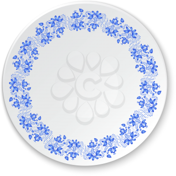Round porcelain plate with the national pattern in Russian Gzhel style. Design element. Vector illustration.
