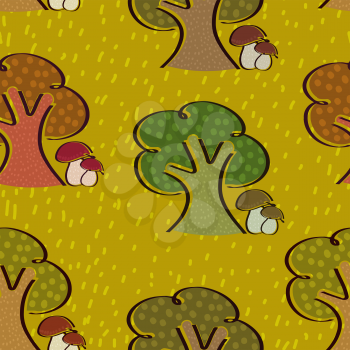 Bright seamless background with trees and mushrooms in a simple style. Autumn. Vector illustration. 
