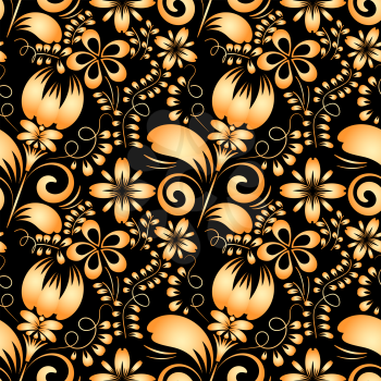 Seamless texture with gold flowers on a black background. Gzhel. Vector illustration. 