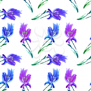 Seamless texture of watercolor iris flowers isolated on white background. Artistic. Vector illustration.
