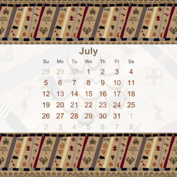 Calendar designed in the style of Tribal. 2015. July. Ethno. Vector illustration.