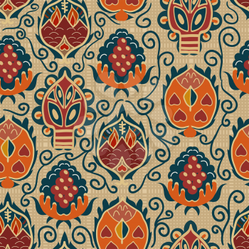 Seamless ethnic texture with tropical flowers. Basis for wallpaper, fabrics and desktop Vector illustration.