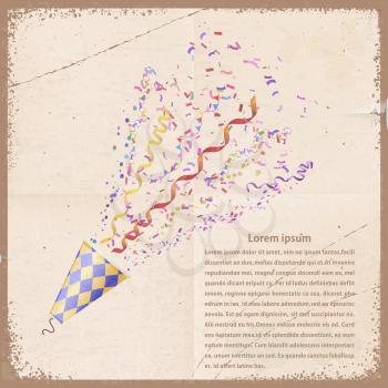 Festive retro background. Poppers with confetti on outdated paper. Vector illustration.
