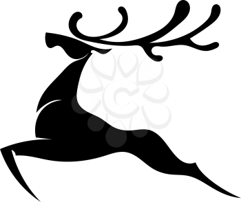 The black silhouette of a deer jumping with big horns. Isolated. Vector illustration.
