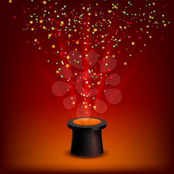 Conjurer hat with rays and confetti on a red background. Vector illustration