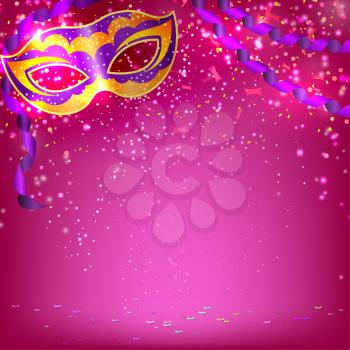 Pink banner with theatrical carnival mask. Design your theater cultural events, masquerade, carnival. Vector illustration.