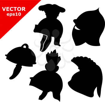  Set of black antique military helmets. Vector illustration