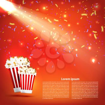Banner the cinema with popcorn and a spotlight on red background. Food, popcorn. Design your the cinema, film, and entertainment events. Vector illustration.