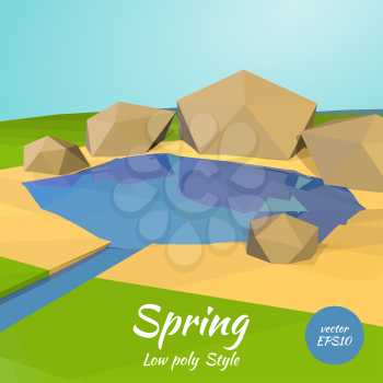 Polygon illustration of spring and rocks in the low poly style. Vector illustration