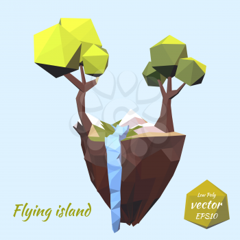 The island with the mountains, tree and falling mountain river on a blue background. Nature, landscape. Green tourism. Low poly style. Vector illustration.
