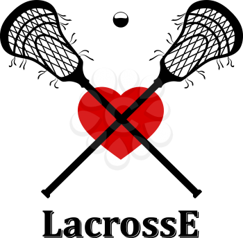Crossed lacrosse stick, ball and heart. Vector illustration