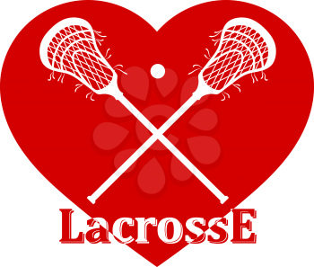 Crossed lacrosse stick, ball and red heart. Vector illustration