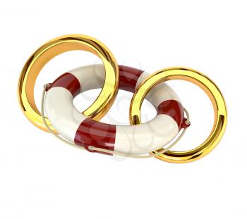 The concept of preservation of the family and the wedding ring lifebuoy isolated on white background. 3d illustration.