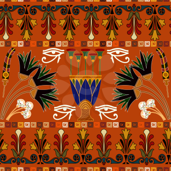 Seamless ethnic pattern with eye of Ra, lotus flowers. Vector illustration