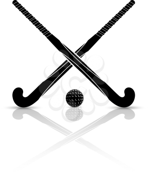 Two black silhouettes sticks for field hockey and ball on a white background with reflection. Vector illustration.
