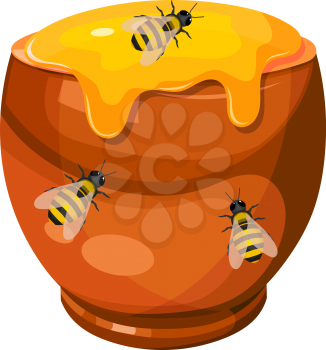 Cartoon drawing of a clay pot with honey and bees. Vector illustration