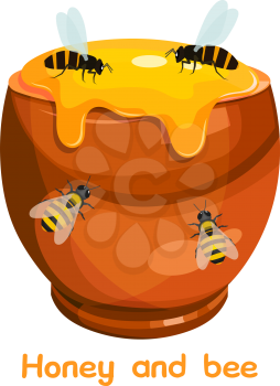 Cartoon image of a clay pot with honey and bees. Vector illustration