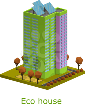 Polygon isometric multi-storey building. Residential house on a white background. Isometric style. 
Vector illustration of an apartment building with trees, shrubs, highway. Icon isometric house with 
