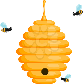 Yellow bee hive on a white background. Bee hive isolate. Stock Vector illustration of bee house with a circular entrance. Insect life in nature. Bees near the hive.
