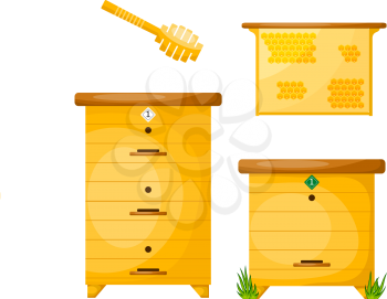 Set of objects for the production of honey. Items for the production of honey. Cartoon style. Objects apiary: beehive, ladle, frame with wax. Vector symbols apiary. Stock vector