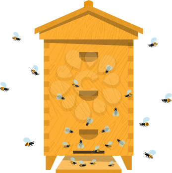 Beehive with bee on a white background. Traditional wooden beehive. Cartoon illustration 
of a beehive. Stock vector