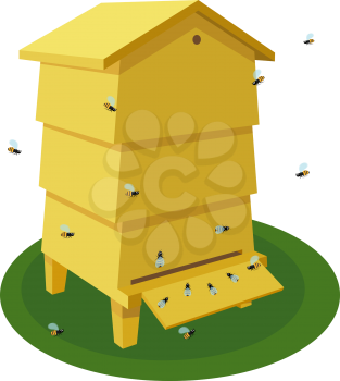 Wooden Beehive with bee on a white background. Traditional  beehive. Cartoon illustration of a beehive. Stock vector