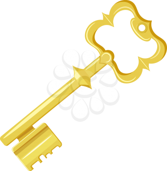 Vector illustration of vintage gold key on a white background. Cartoon style. Retro object for your design. Stock vector