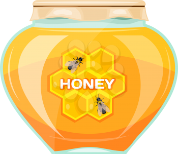 Vector illustration jars of honey on a white background. Isolate. Glass jar with a yellow 
honey, paper cover and label. Stock vector illustration